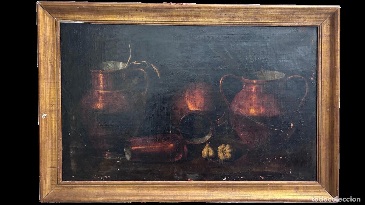 Arte: BODEG&Oacute;N ESPA&Ntilde;OL S. XVII-XVIII. COBRES, JARRAS Y AJOS. &Oacute;LEO SOBRE LIENZO