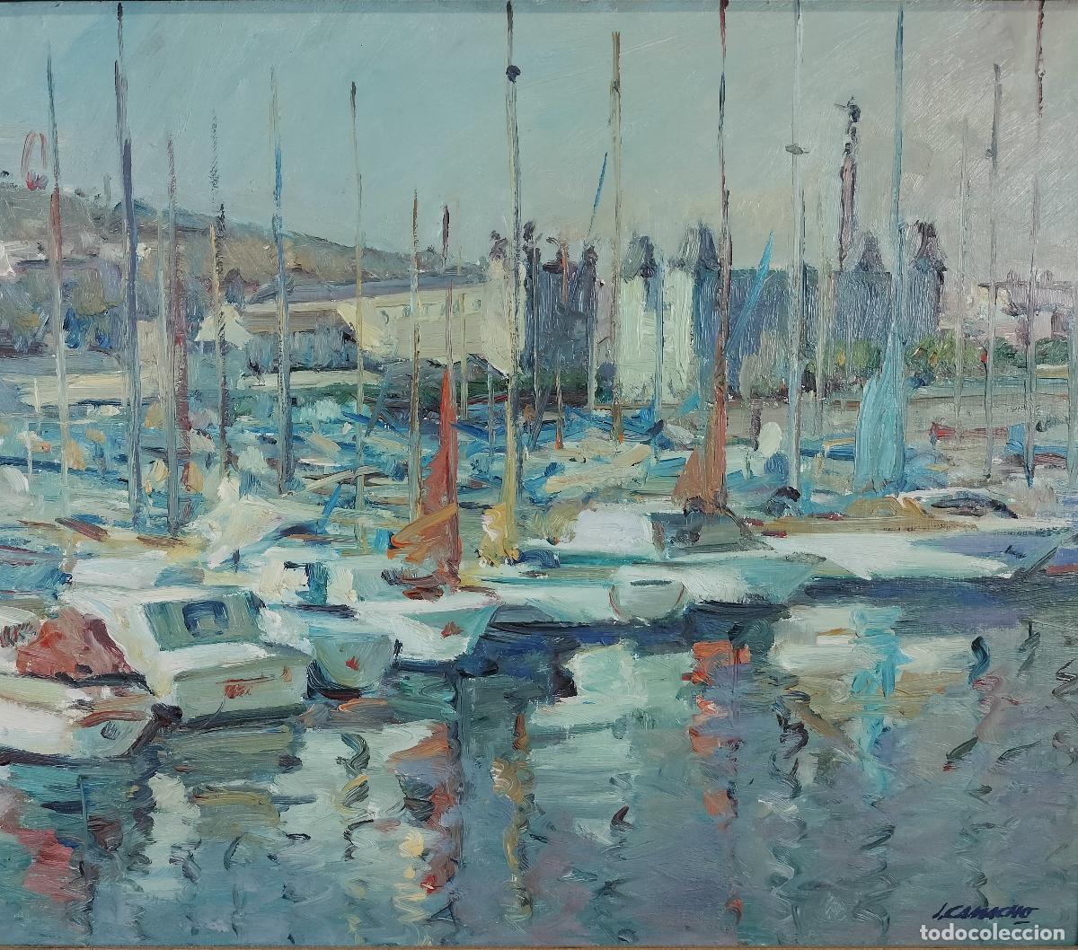 Arte: VISTA DE PUERTO CON EMBARCACIONES. FIRMADO CAMACHO. &Oacute;LEO SOBRE LIENZO. ESPA&Ntilde;A. SIGLO XX.