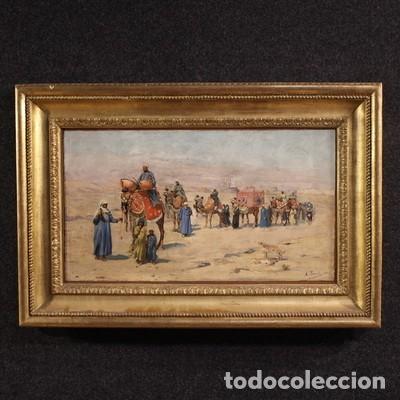 Arte: Cuadro orientalista firmado por A. Rossi y fechado en 1893, caravana en el desierto.