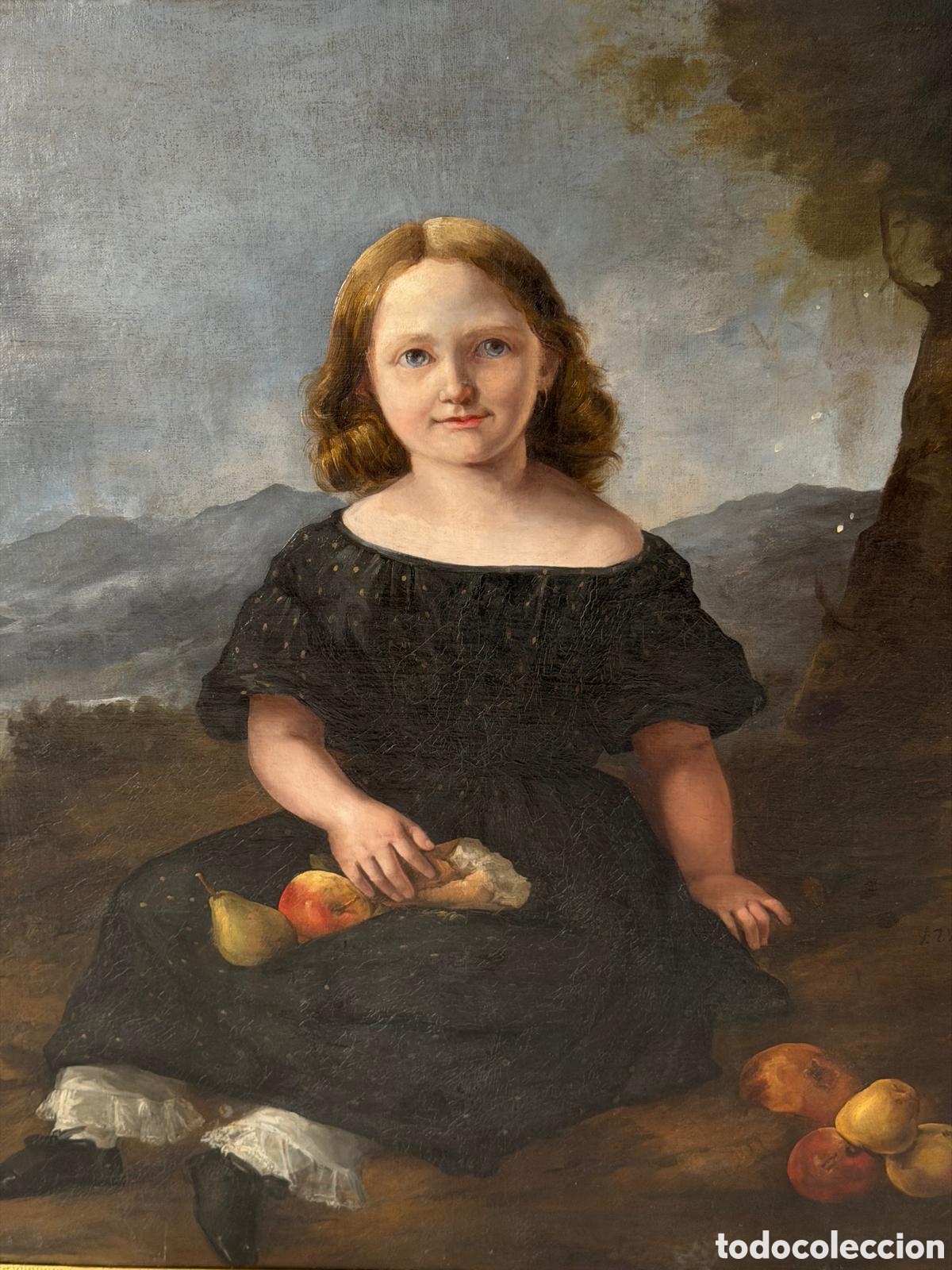Kunst: Importante Retrato Rom&aacute;ntico Isabelino de Ni&ntilde;a con Frutas y Pan. SIGLO XIX - &Oacute;leo sobre Lienzo