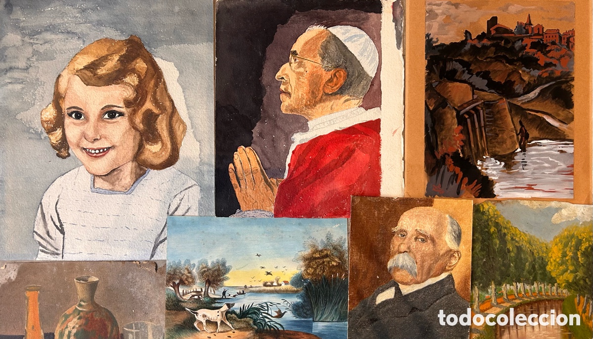 Kunst: Lote de 7 pinturas originales variadas &ndash; retratos, paisajes y bodeg&oacute;n &ndash; siglo XX