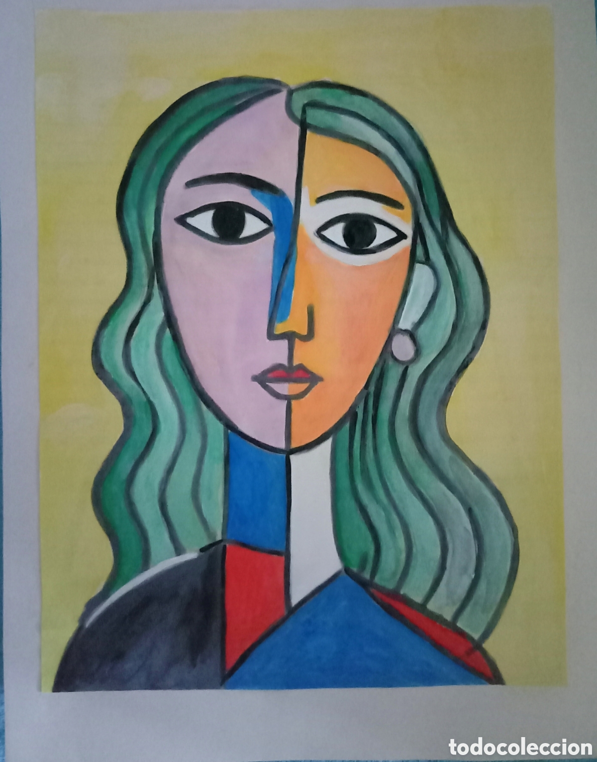 Arte: Interpretaci&oacute;n pintura dibujo (t&eacute;cnica mixta) de Picasso (26) acuarela y acr&iacute;lico sobre papel doble