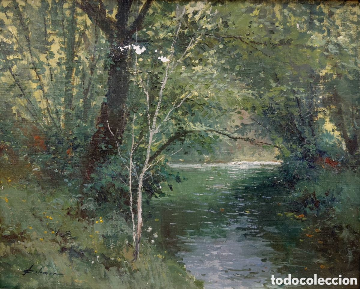 Kunst: Josep Colomer Comas (1935-2003). Paisaje fluvial, &oacute;leo sobre lienzo.