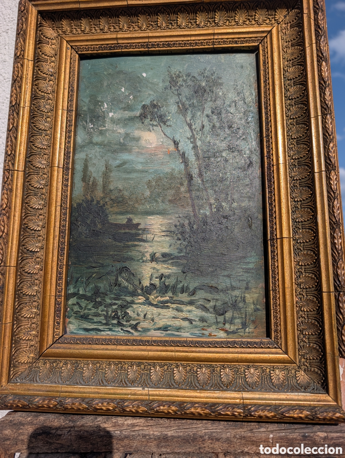 Arte: &Oacute;LEO ANTIGUO TABLA PAISAJE NOCTURNO BARCA LUNA / ANTIQUE OIL PAINTING MOONLIGHT LANDSCAPE BOAT