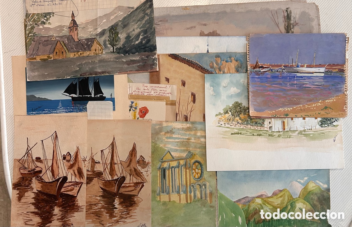 Arte: Lote de acuarelas y estudios art&iacute;sticos de paisaje sobre papel &ndash; siglo XX
