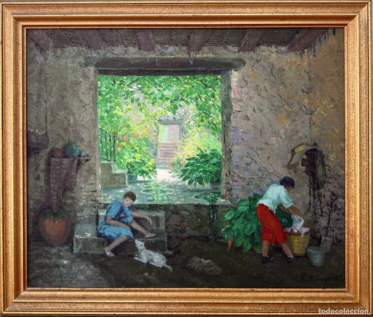 Arte: Ramon Gimbert Canals (1882-1969) interior con figuras y jard&iacute;n &oacute;leo sobre arpillera pintura catalana