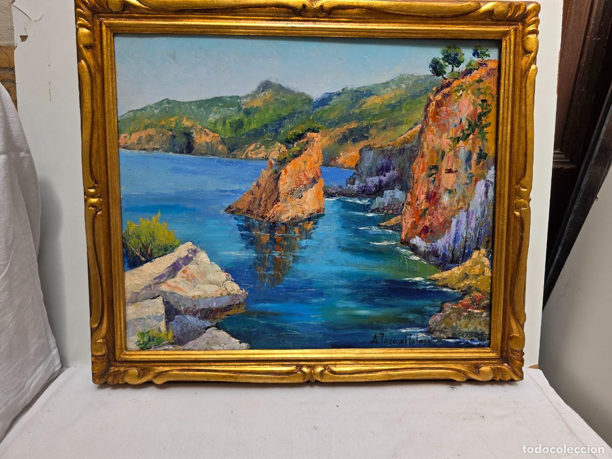 Arte: &Oacute;leo sobre lienzo - Paisaje costero de Pals (Girona) - Firmado A. Pascual Tolosa - Marco dorado