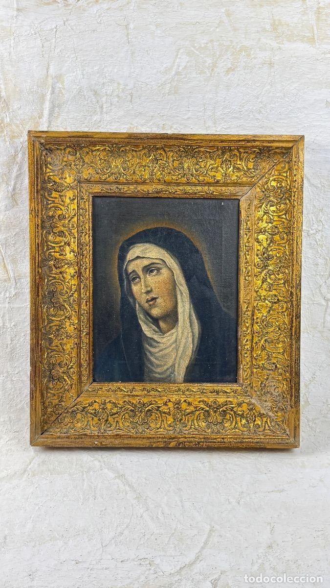 Arte: Antiguo &oacute;leo sobre lienzo &ndash; religiosa / santa &ndash; marco de madera tallada y dorada