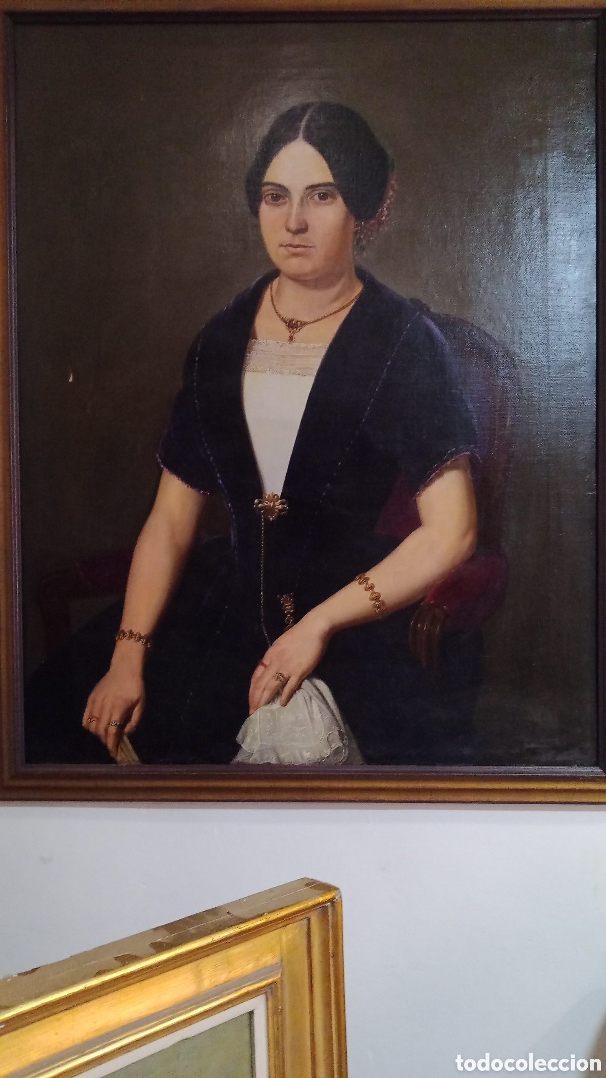 Arte: RETRATO FEMENINO DE DAMA EN OLEO SOBRE LIENZO. BLUSA Y PA&Ntilde;UELO BORDADOS