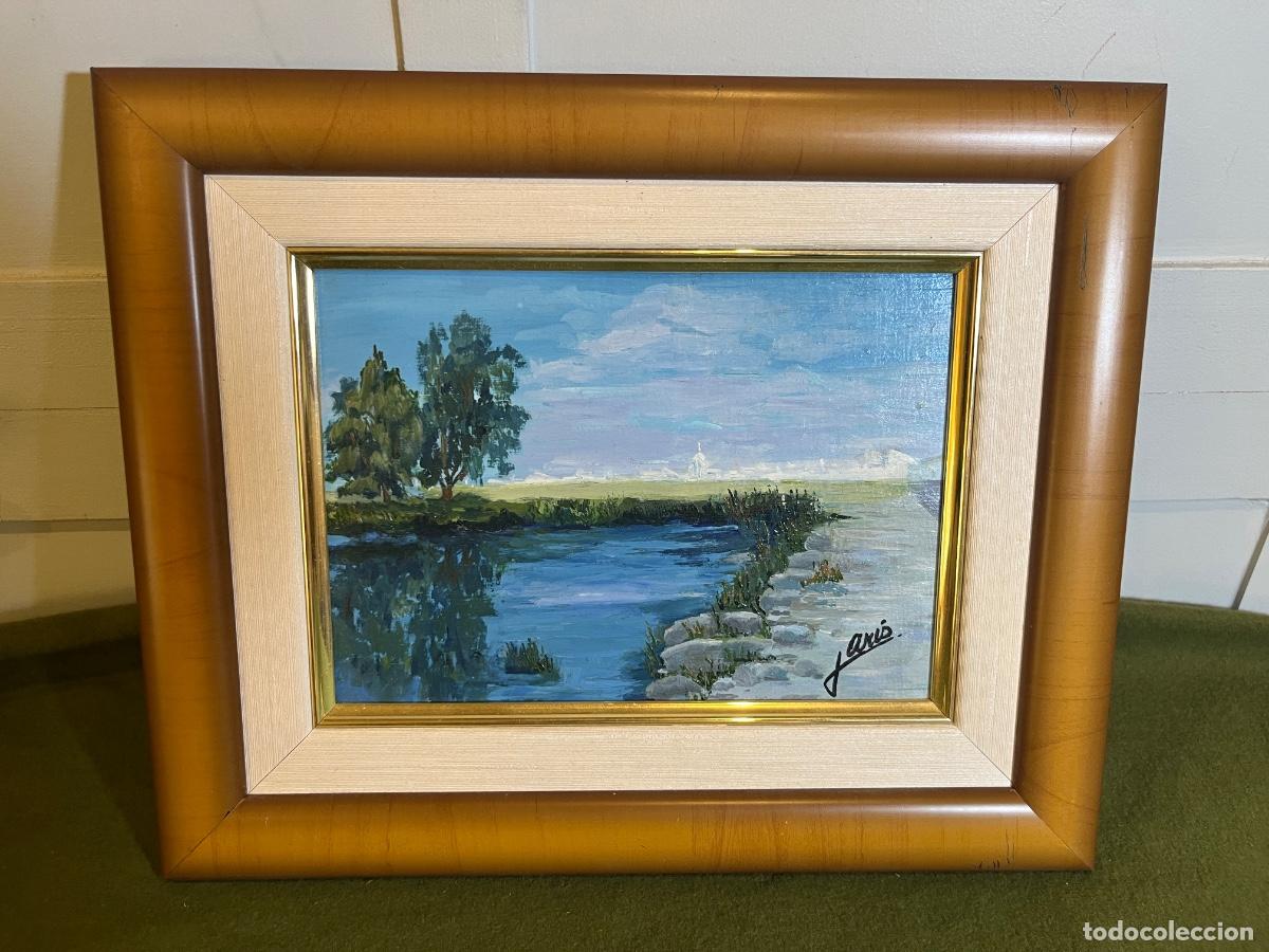 Arte: Cuadro &oacute;leo paisaje fluvial firmado Janis r&iacute;o ciudad con bas&iacute;lica al fondo estilo Zaragoza Ebro marc