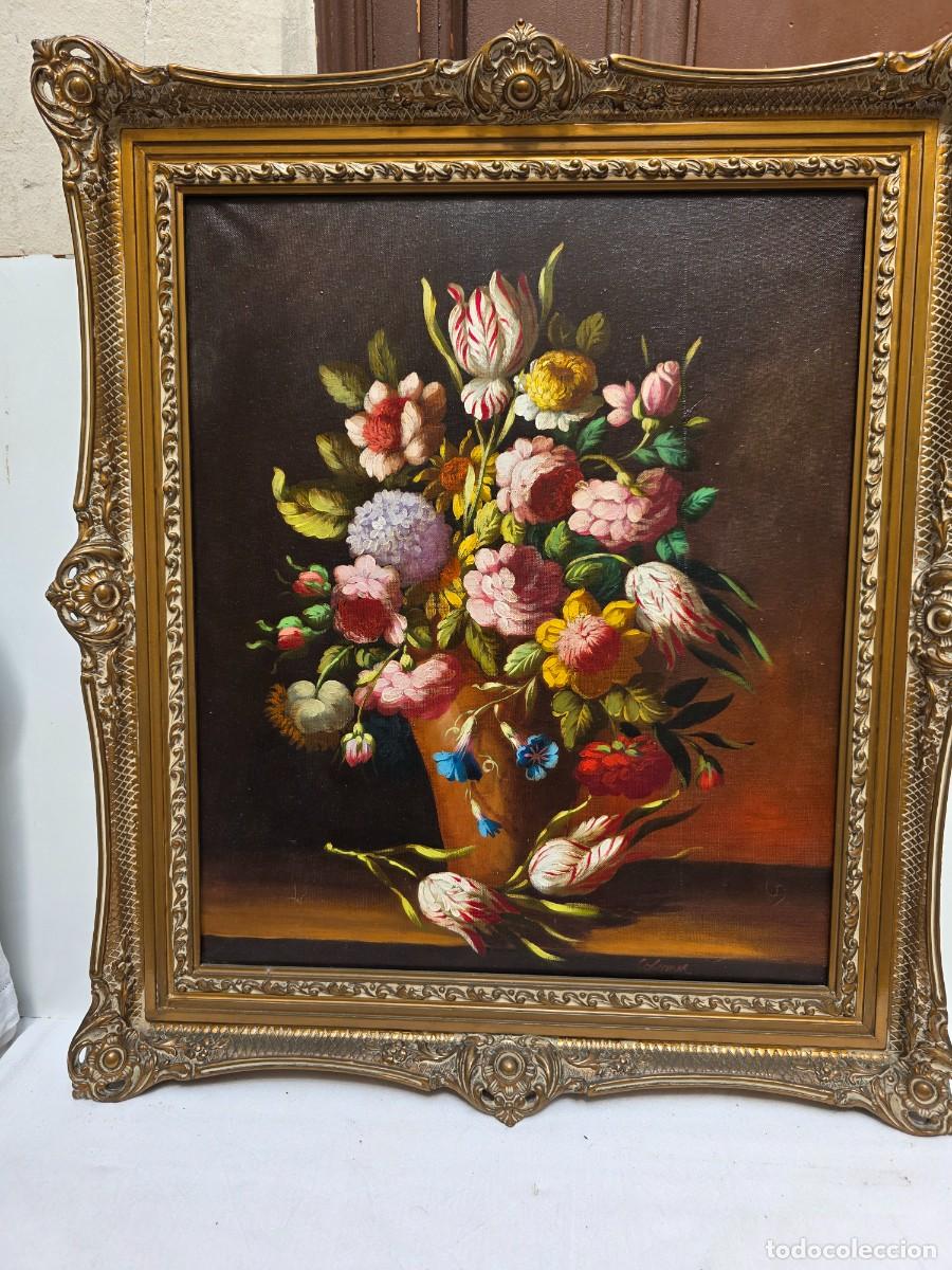 Arte: Bodeg&oacute;n cl&aacute;sico de flores en jarr&oacute;n - &Oacute;leo sobre lienzo firmado Colomer - Gran marco dorado barroco