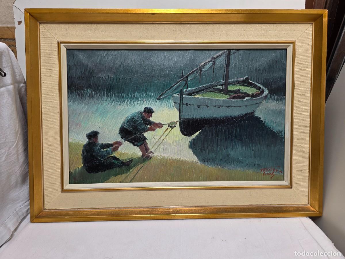 Arte: Pintura al &oacute;leo: Pescadores con barca - Escena marina firmada Terruella - Marco dorado (77x56 cm)
