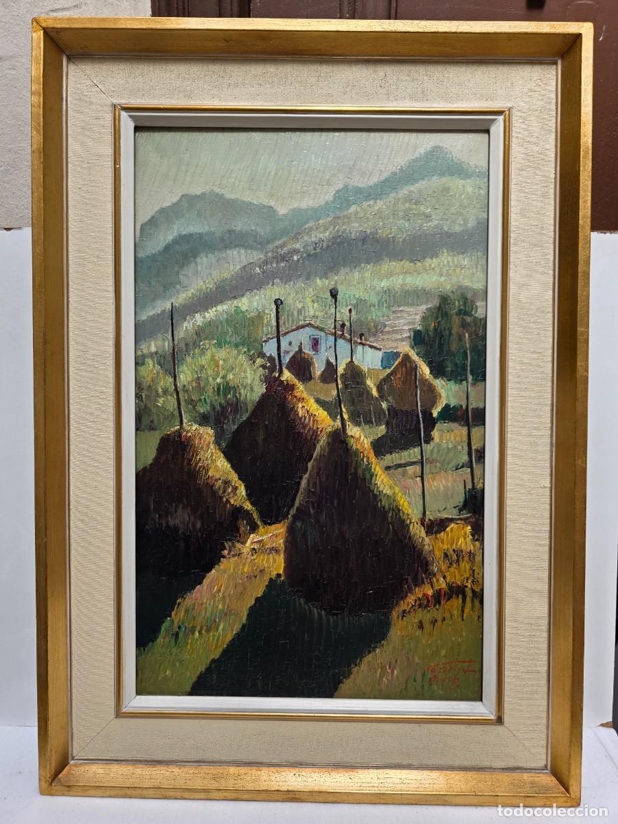 Arte: Pintura al &oacute;leo: Paisaje rural con pajares - Firmado Terruella - Marco dorado (80x59 cm)
