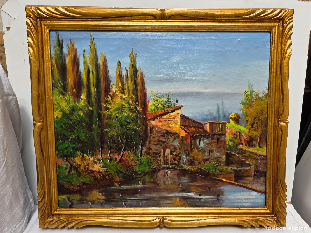Arte: Pintura al &oacute;leo: Paisaje mediterr&aacute;neo con edificaci&oacute;n, cipreses y estanque - Firmado Costa Saldes (6