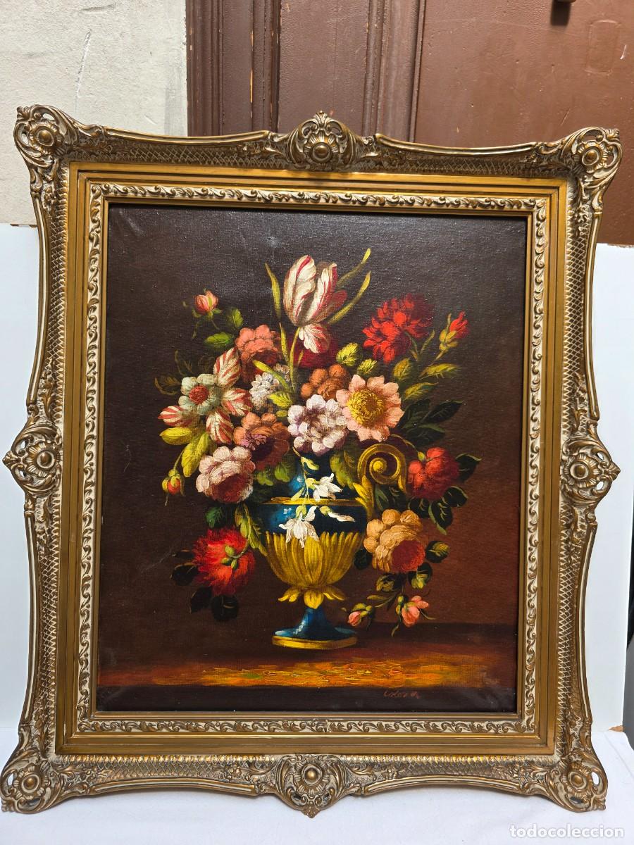 Arte: Pintura al &oacute;leo: Bodeg&oacute;n floral con jarr&oacute;n cl&aacute;sico - Firmado Colom - Marco dorado orlado (80x60 cm)