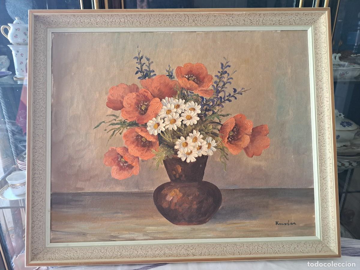 Arte: Precioso bodegon al oleo, amapolas y margaritas, firmado Kuster.