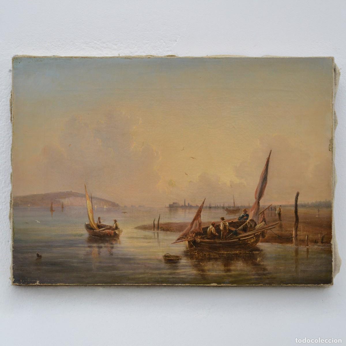 Arte: 19th Century British Romantic Sunrise Seascape Oil Canvas Solent Fishing Boats