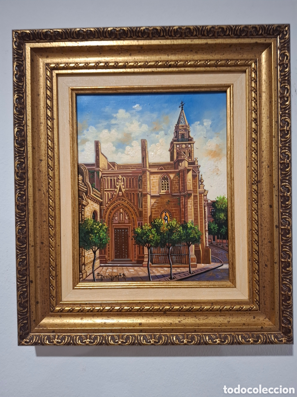 Arte: Oleo sobre lienzo firmado por Dom&iacute;nguez 36&times;32 iglesia de San Miguel Jerez