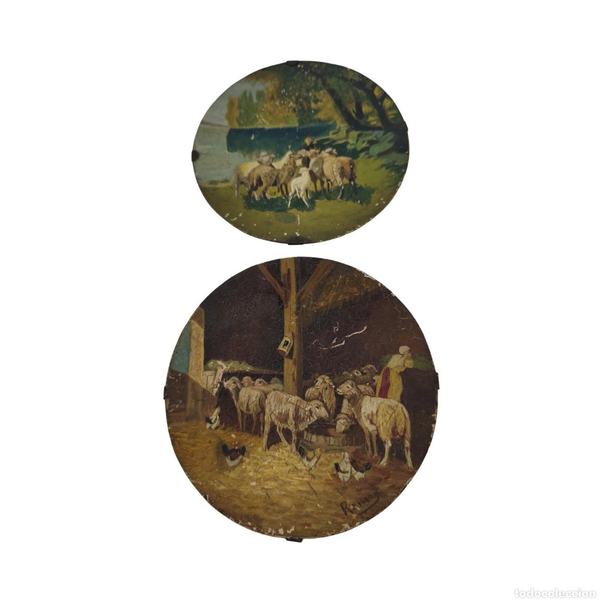 Arte: Pareja De Platos Met&aacute;licos Pintados Al &Oacute;leo - Escenas Pastoriles Y Ganaderas - Firmado Ram&oacute;n - C. 19