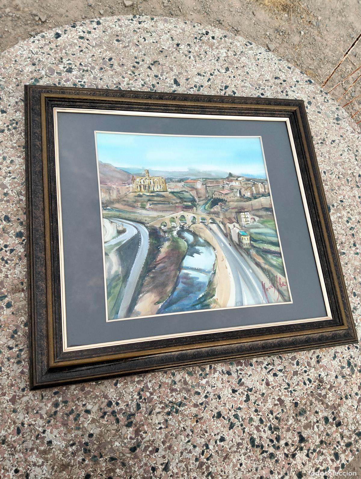 Art: Cuadro pintura acuarela de la ciudad de Manresa pont vell la seu firmado por el artista Maurici Pla