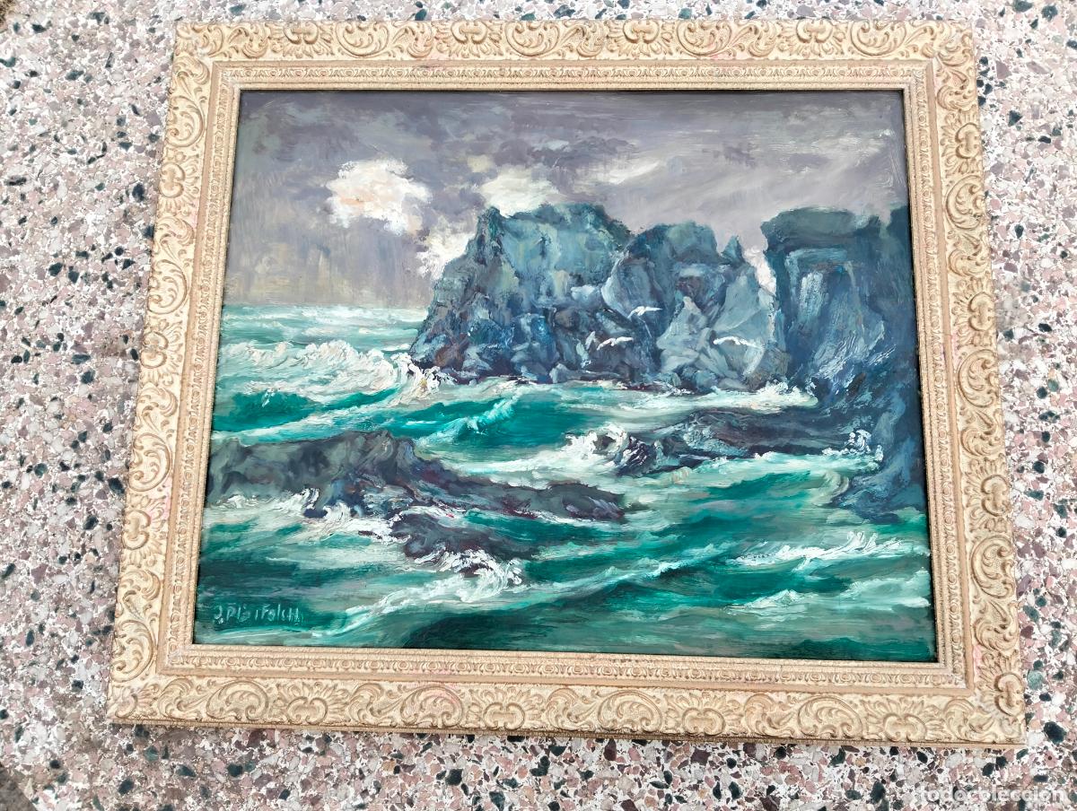 Art: Cuadro antiguo pintura al &oacute;leo marina mar pintor de Manresa Josep Pl&agrave; i Folch a&ntilde;os 80