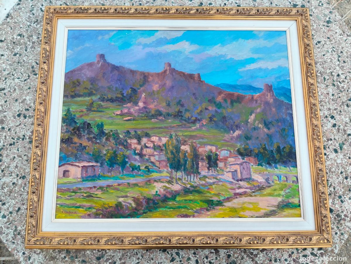 Art: Cuadro antiguo pintura al &oacute;leo paisaje campos monta&ntilde;as pintor de Manresa Marc Casaponsa a&ntilde;os 80