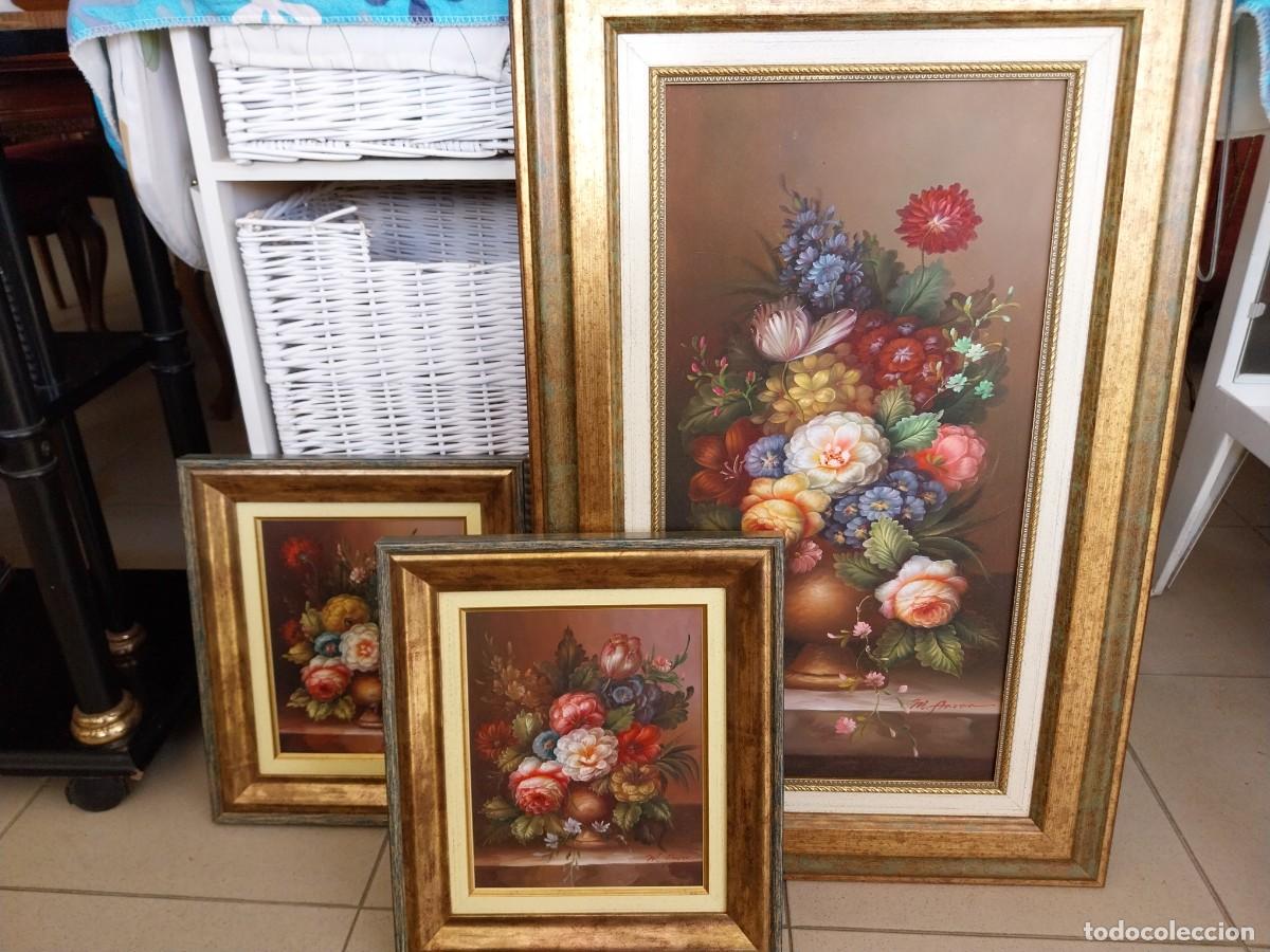 Arte: LOTE -- TRES OLEOS NATURALEZA FLORAL MUERTA -- FIRMADOS M. AARON --
