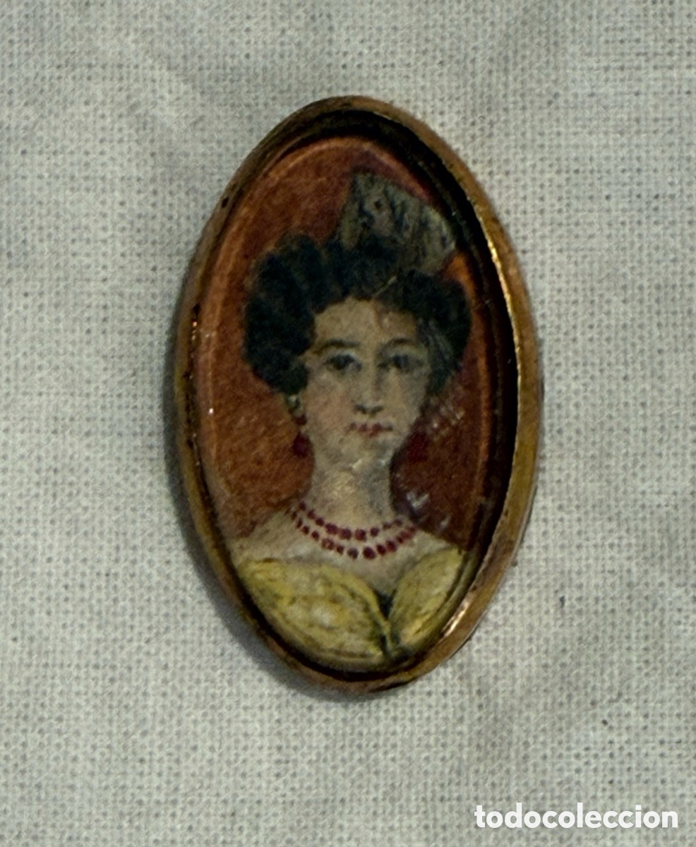 Arte: Miniatura retrato de dama pintada a mano sobre papel &ndash; Siglo XIX &ndash; Marco dorado con cristal