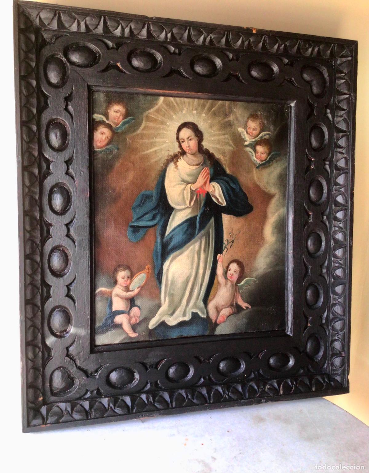 Arte: ANTIGUA PINTURA SIGLO XVIII . OLEO SOBRE LIENZO ORIGINAL ,VIRGEN INMACULADA Y ANGELES