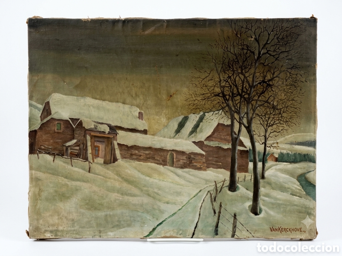 Arte: &Oacute;leo sobre lienzo - Paisaje invernal - Jean Van Kerckhove (1822-1881) - Escuela Belga S. XIX