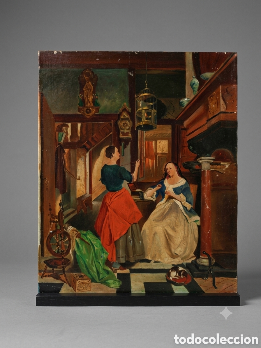 Arte: Oleo sobre lienzo interior neobarroco Holand&eacute;s s.XIX