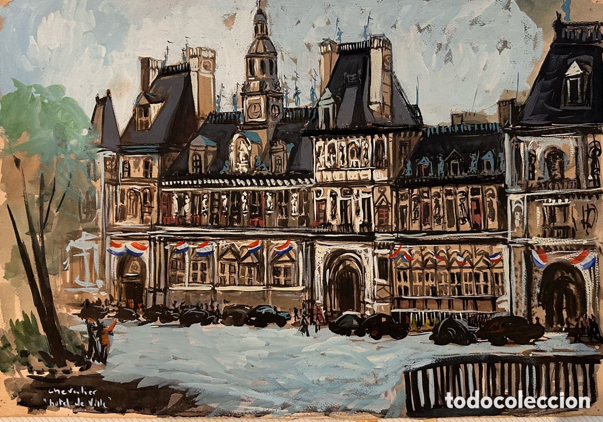 Art: Chevalier &ndash; &ldquo;H&ocirc;tel de Ville, Paris&rdquo; &ndash; Paisaje urbano, mediados del siglo XX