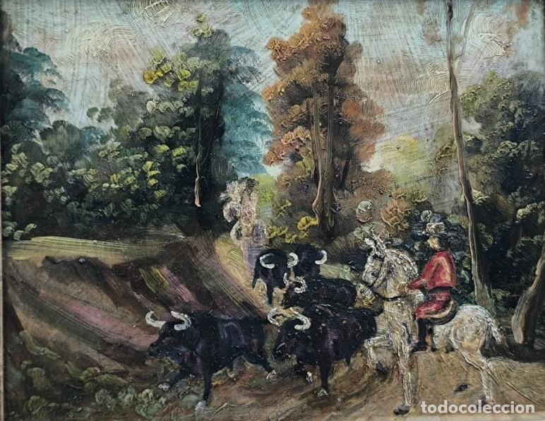 Arte: Escuela espa&ntilde;ola, &oacute;leo/tabla 25 x 20 cm. Paisaje con mayoral y toros. Con marco.