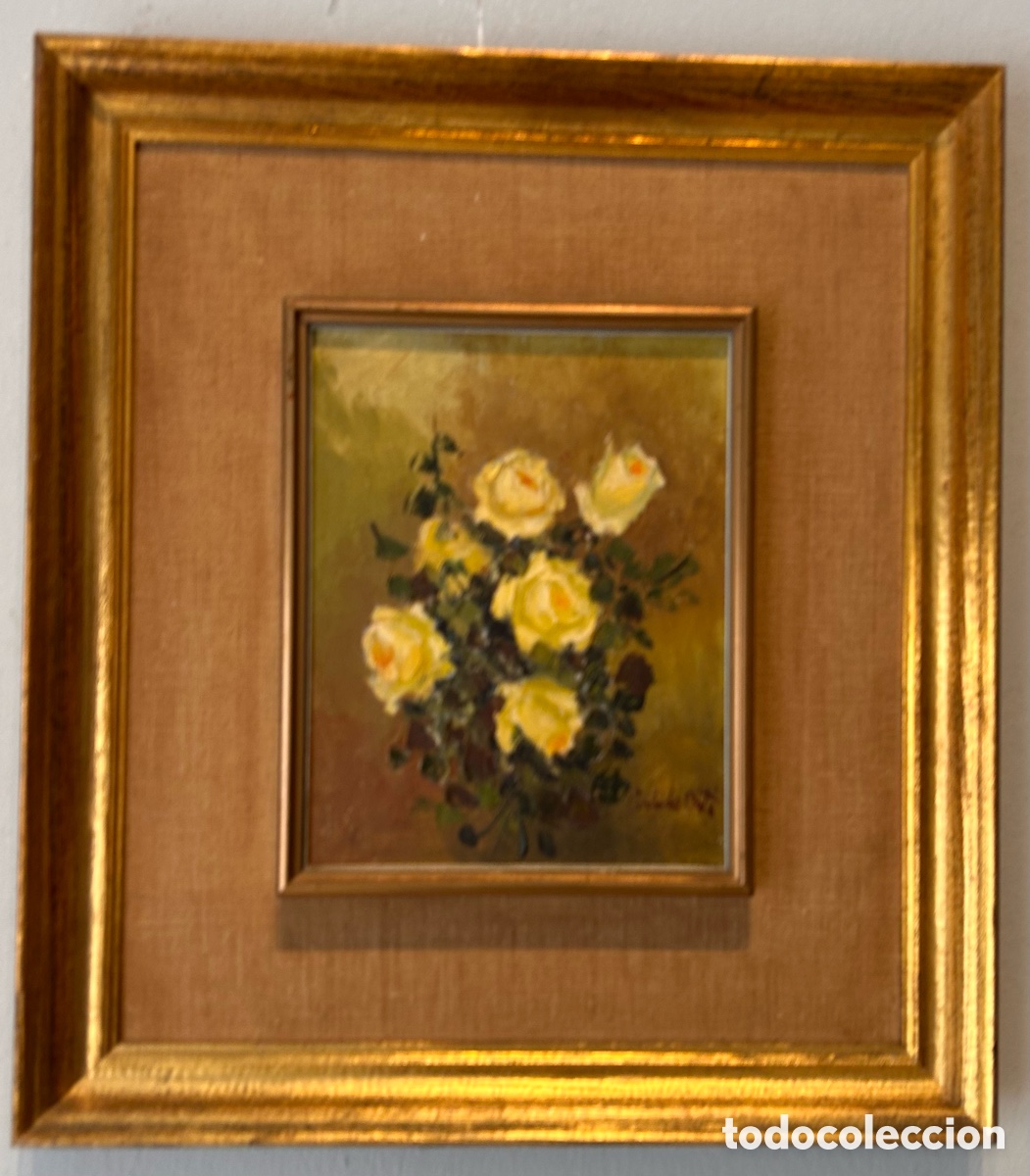 Arte: C&aacute;ndido Ort&iacute; F&aacute;bregat &ndash; Bodeg&oacute;n de rosas amarillas &ndash; &Oacute;leo sobre lienzo &ndash; 24 x 19 cm