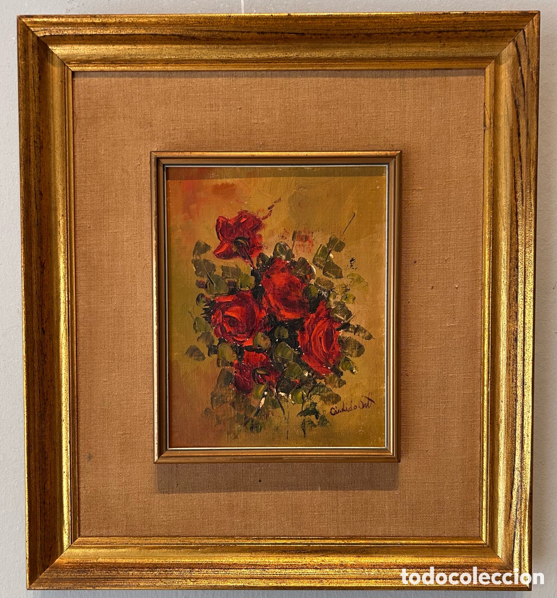Arte: C&aacute;ndido Ort&iacute; F&aacute;bregat &ndash; Bodeg&oacute;n de rosas rojas &ndash; &Oacute;leo sobre lienzo &ndash; 24 x 19 cm