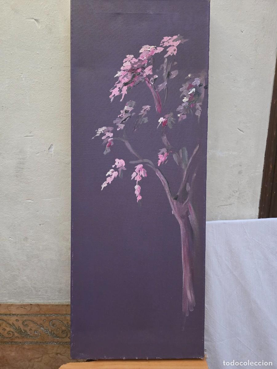 Arte: Cuadro al &oacute;leo sobre lienzo de formato vertical con motivo floral / rama de cerezo en flor
