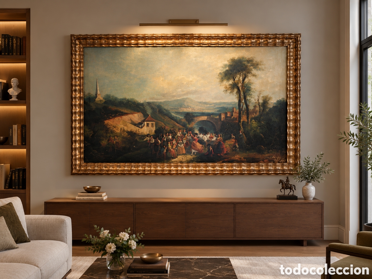 Arte: &Oacute;leo sobre lienzo-Escena campestre festiva- centro Europea 138 &times; 100 cm &ndash; Siglo XIX/XX