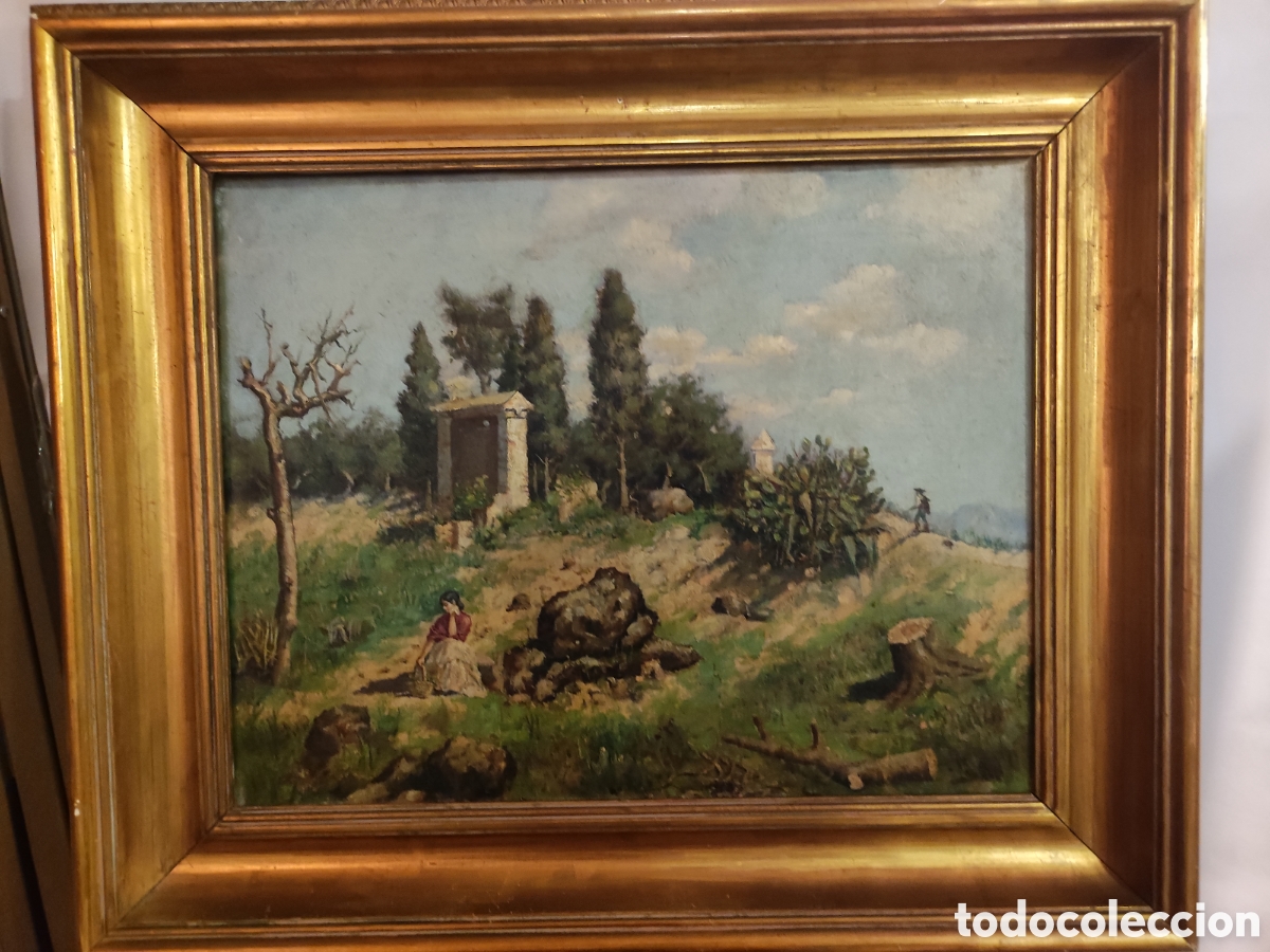 Arte: Paisaje de campo con personajes siglo XIX &oacute;leos sobre lienzo