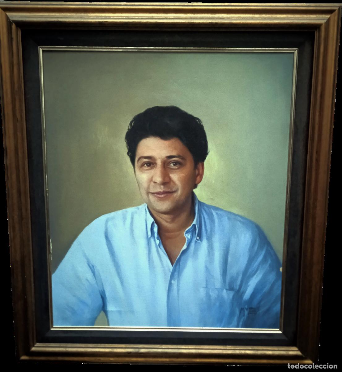 Kunst: M&aacute;ximo Moreno (Sevilla, 1947): Retrato hiperrealista de un hombre con camisa azul. &Oacute;leo 2005.