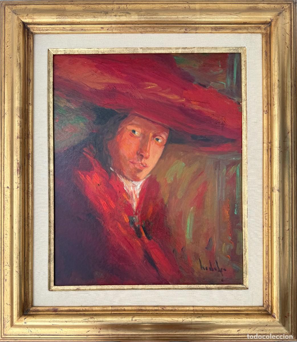 Arte: Joaquim Hidalgo Pag&egrave;s - Retrato de mujer con gran sombrero rojo - &Oacute;leo sobre tabla