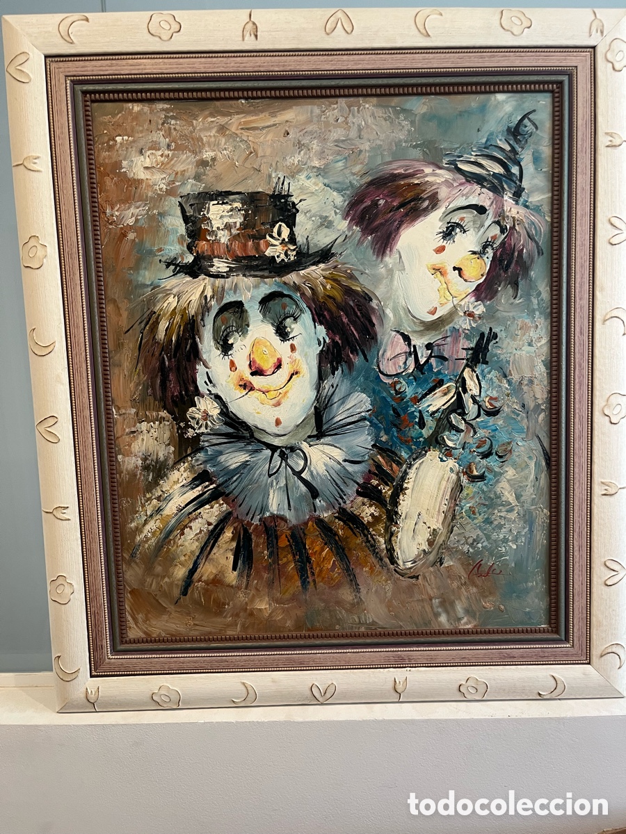 Arte: &Oacute;leo Original &rdquo;Payasos Melanc&oacute;licos&rdquo; - Firmado por Andr&eacute;s - Pintura Expresionista con Marco Decorado
