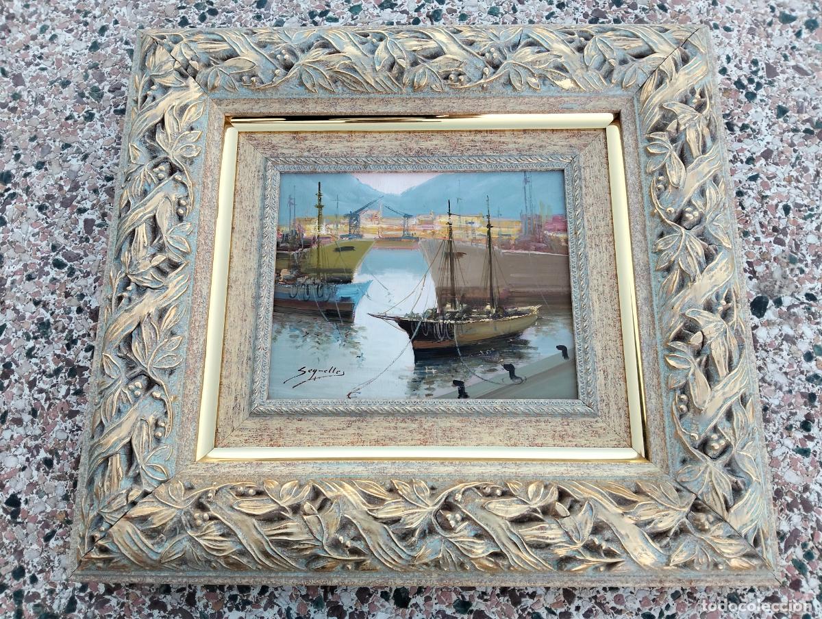 Art: Cuadro pintado al &oacute;leo pintura antigua marina barcos puerto firmado por Antonio Segrelles a&ntilde;os 80