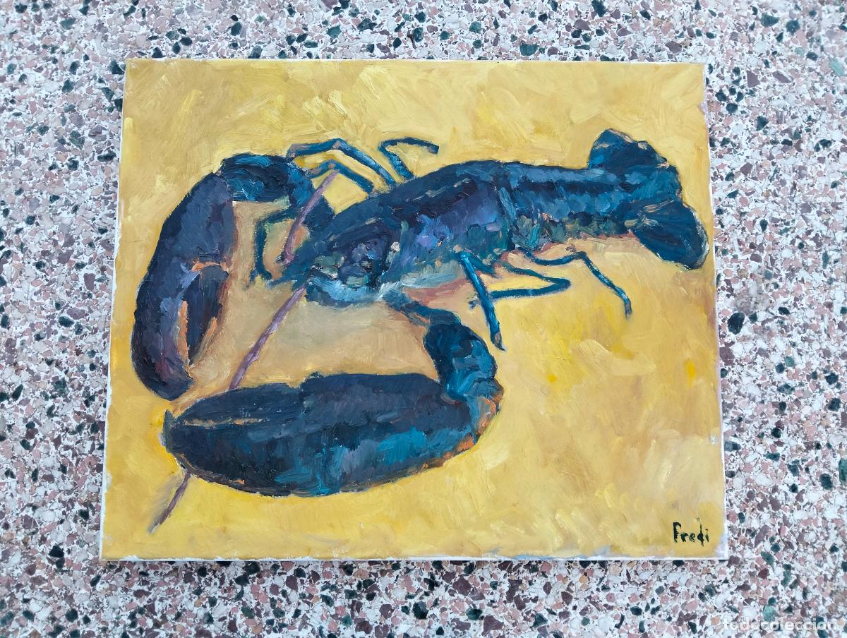 Art: Cuadro al &oacute;leo pintura antigua marina firmada Fredi bogavante o langosta a&ntilde;os 80-90