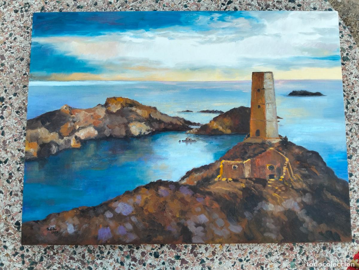 Arte: Cuadro al &oacute;leo pintura antigua firmada m&m a&ntilde;o 2013 faro far del cap de creus Catalu&ntilde;a