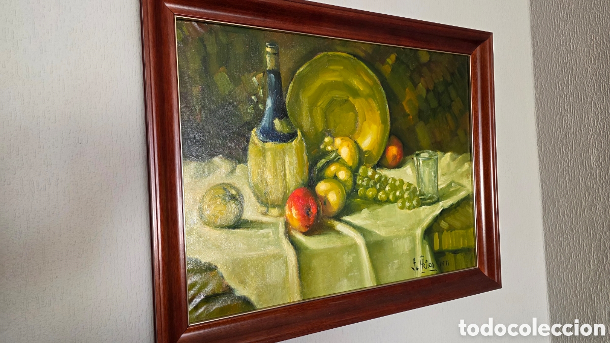 Arte: Cuadro &Oacute;leo Sobre Lienzo - Bodeg&oacute;n Cl&aacute;sico con Frutas y Botella - Firmado J. Ariza (1971)