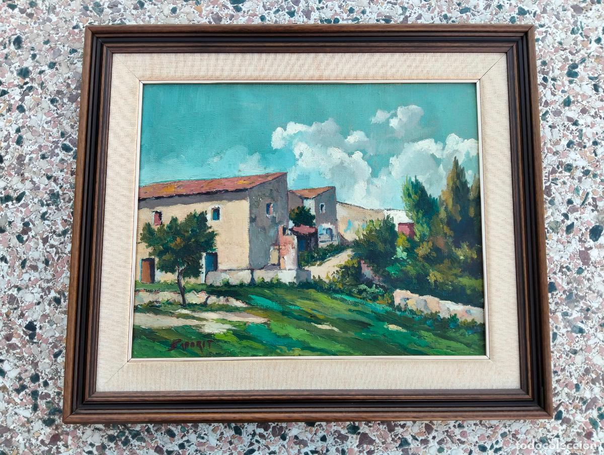 Arte: Cuadro al &oacute;leo pintura antigua firmada Saborit casas de pueblo marco marr&oacute;n a&ntilde;os 30-40