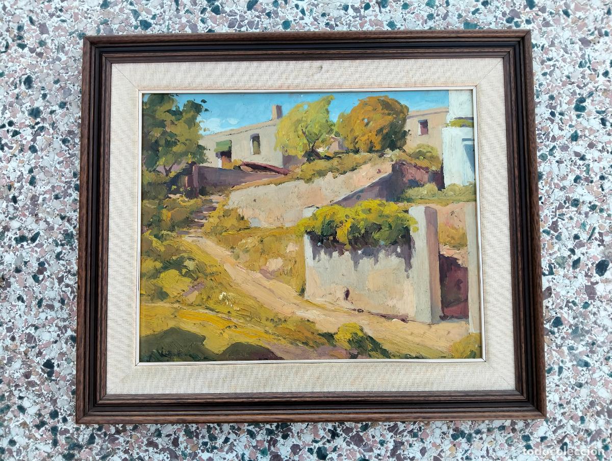 Arte: Cuadro al &oacute;leo pintura antigua casas de pueblo Catalu&ntilde;a marco marr&oacute;n firma ilegible a&ntilde;os 30-40