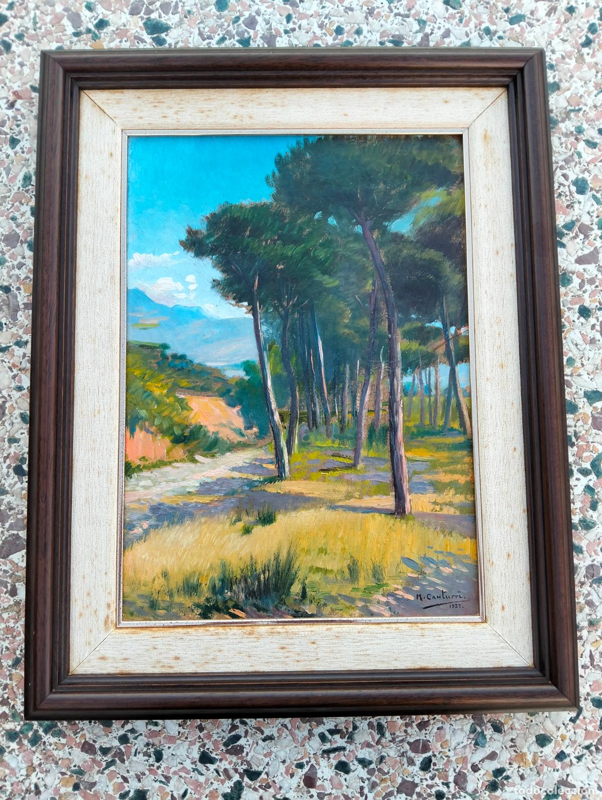 Arte: Cuadro al &oacute;leo pintura antigua &aacute;rboles bosque Catalu&ntilde;a firmado por M Canturri a&ntilde;o 1927
