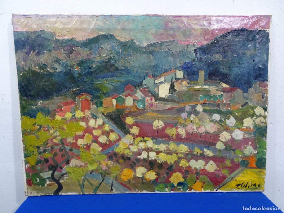 Arte: COLORIDO &Oacute;LEO SOBRE TELA DE TOM&Agrave;S OLIVAR DURO. CAMP DE TARRAGONA CON PUEBLO POR DETERMINAR.
