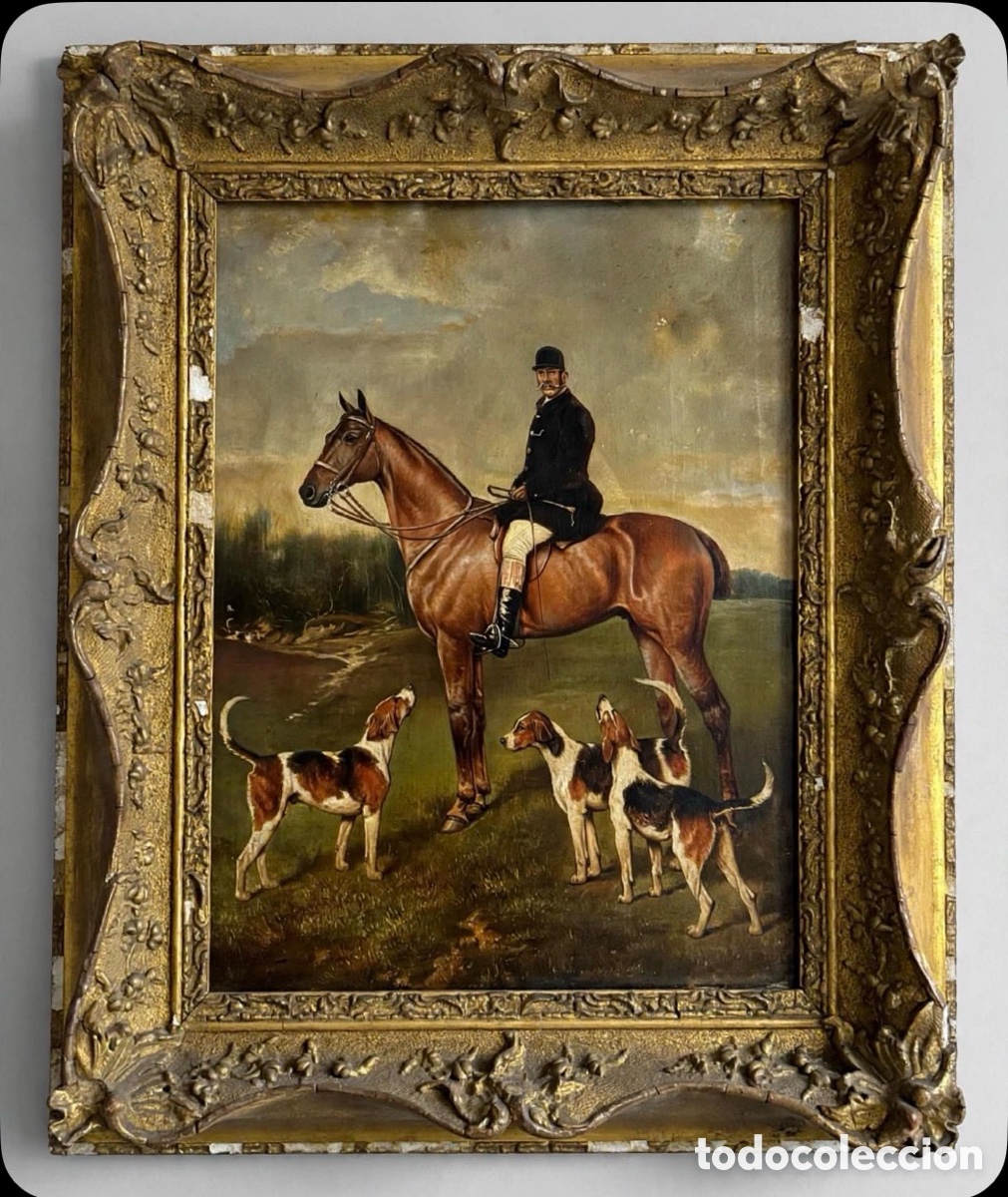 Kunst: JOHN ALFRED WHEELER Sr.DE BATH Fdo.1897 (1821-1903)Cazador a caballo,4 foxhounds.C.1897.45,5x35,5 cm